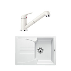 Pachet chiuveta de bucatarie BLANCO ENOS 40 S SILGRANIT ALB+ baterie DARAS S SILGRANIT ALB cu dus extractibil