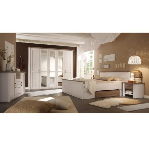 Dormitor complet (pat, 2 noptiere, dulap), pinia alb/stejar sonoma truflu, LUMERA