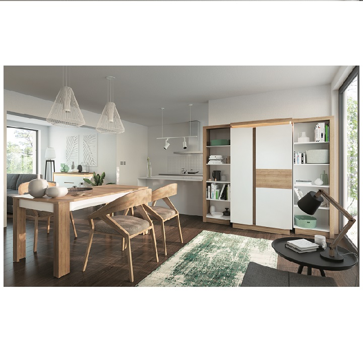 Etajeră LYOR01, stejar riviera/alb extra lucios HG, stânga, LEONARDO