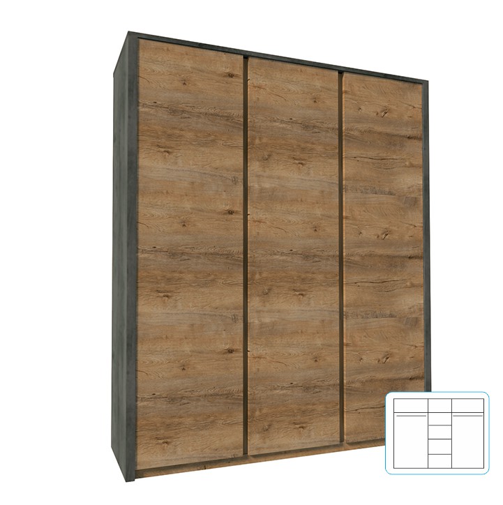 Dulap cu trei uşi, stejar lefkas închis/smooth gri, MONTANA S3D