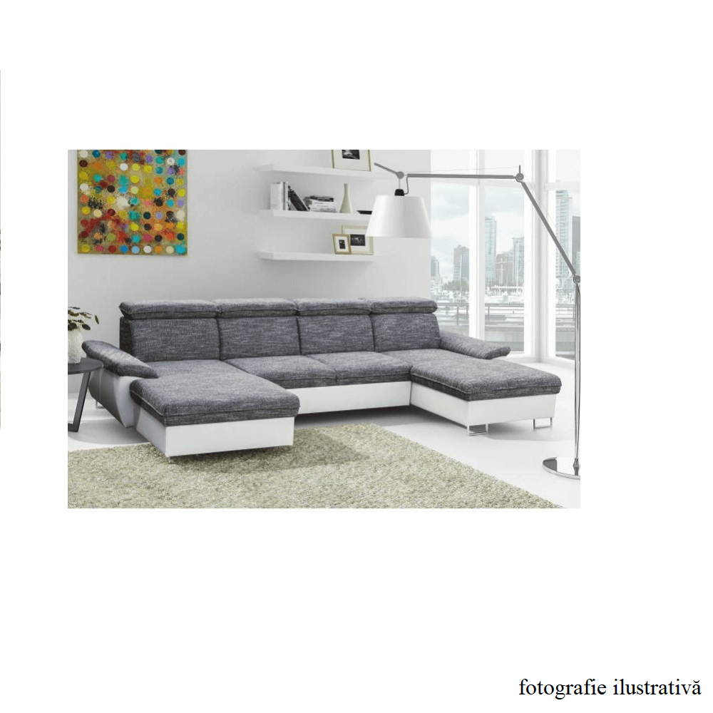 colţar în formă de U, piele eco albă/ţesătură gri, MAGIC