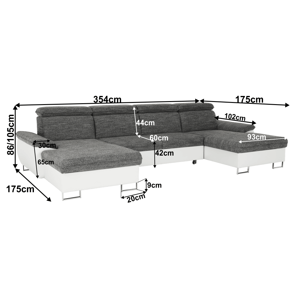 colţar în formă de U, piele eco albă/ţesătură gri, MAGIC