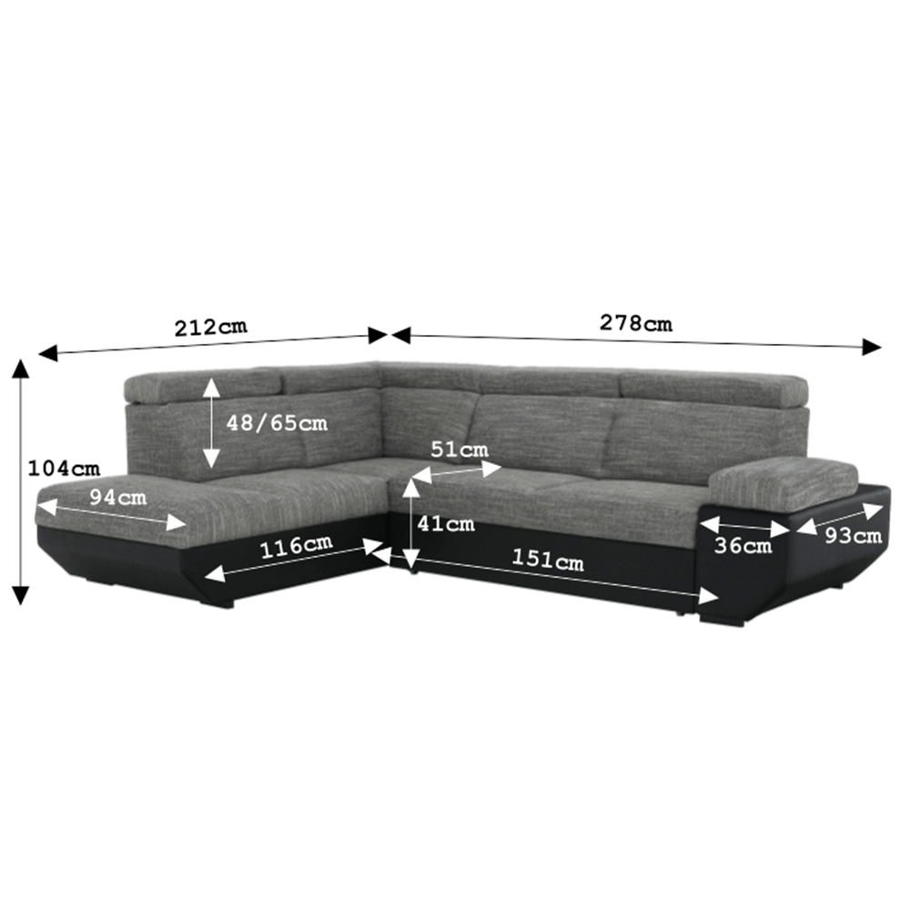 Colţar, piele eco neagră/textil, stânga, AKRON