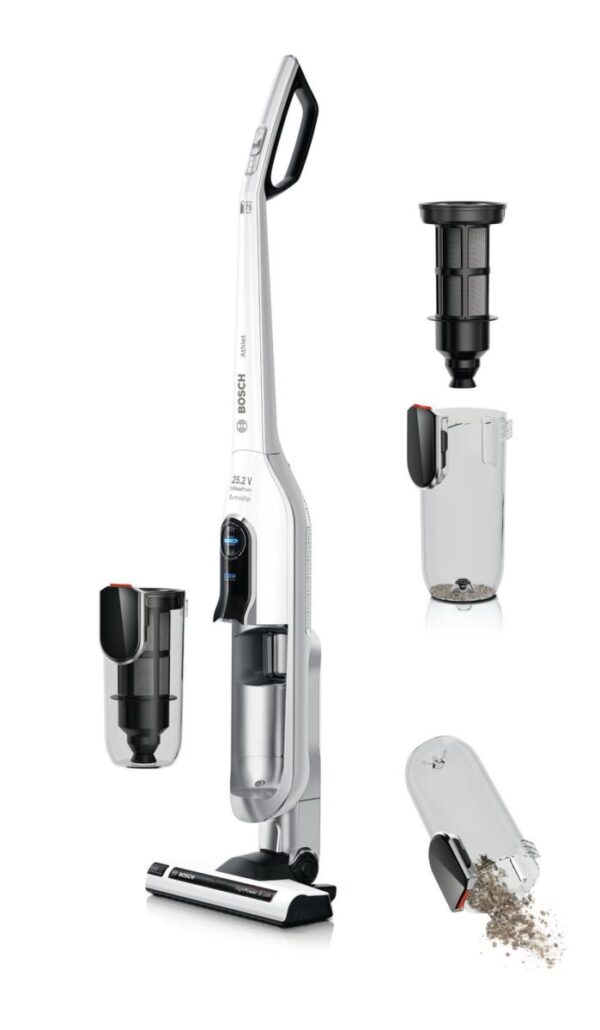 Aspirator vertical multifunctional cu acumulatori 2 in 1 Bosch Athlet BCH65RT25, SensorBagless™, 0.9 l, 25.2 V, Li-Ion, Aut. 75 min, Alb