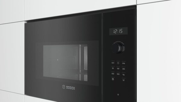 Cuptor cu microunde incorporabil Bosch Serie 6 BFL554MB0, 25 l, 900 W, AutoPilot7, 5 trepte de putere, LCD, TouchControl si buton retractabil, usa cu deschidere laterala (stânga), interior inox, sticla neagra