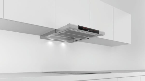 Hota Bosch DFS067K50, Incorporabila telescopica, 400 mc/h, 60 cm, 3 trepte de putere + Turbo, Display, Aluminiu/Negru