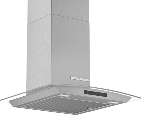 Hota Bosch Serie 4 DWA66DM50, Semineu arcada, 60 cm, max 600 m3/h, TouchControl si afisaj electronic, 3 trepte de putere + Intensiv, Inox + sticla