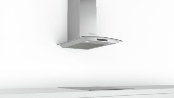 Hota Bosch Serie 4 DWA66DM50, Semineu arcada, 60 cm, max 600 m3/h, TouchControl si afisaj electronic, 3 trepte de putere + Intensiv, Inox + sticla