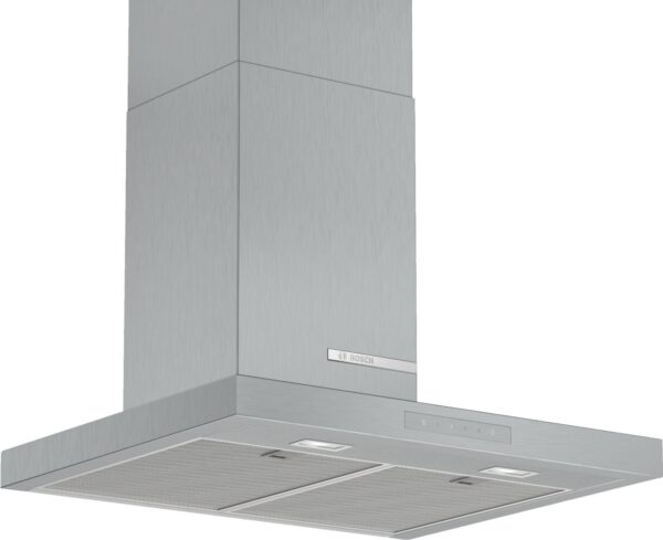 Hotă semineu dreaptă Bosch Serie 6 DWB67CM50, Capacitate 671 m³/h (intensiv, mod evacuare), 3 viteze + intensiv, TouchControl, Filtru metalic lavabil, 60 cm, Inox