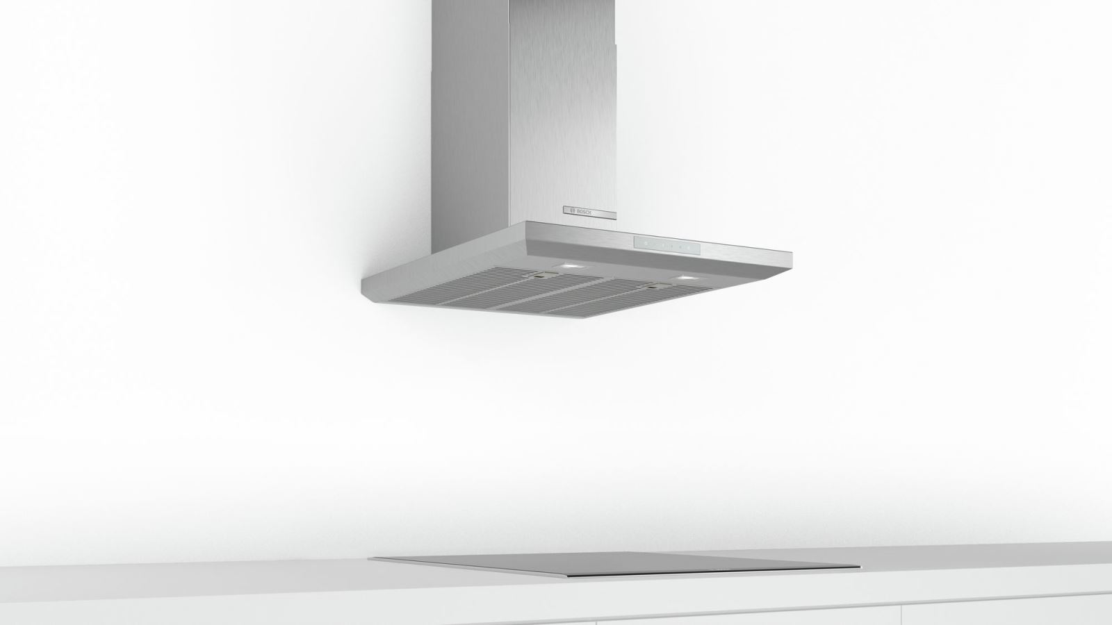 Hotă semineu dreaptă Bosch Serie 6 DWB67LM50, Capacitate 646 m³/h (intensiv, mod evacuare), 3 viteze + intensiv, TouchControl, Filtru metalic lavabil, 60 cm, Inox