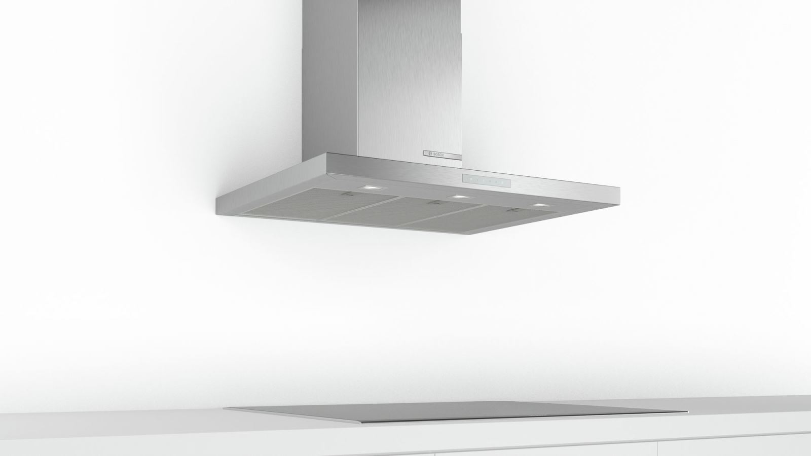Hotă semineu dreaptă Bosch Serie 6 DWB97CM50, Capacitate 721 m³/h (intensiv, mod evacuare), 3 viteze + intensiv, TouchControl, Filtru metalic lavabil, 90 cm, Inox