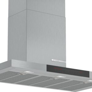 Hotă semineu dreaptă Bosch Serie 6 DWB98JQ50, Capacitate 843 m³/h (intensiv, mod evacuare), 3 viteze + 2 intensiv, TouchControl, Senzor pentru calitatea aerului, Funcţie DimmLight, 90 cm, Inox