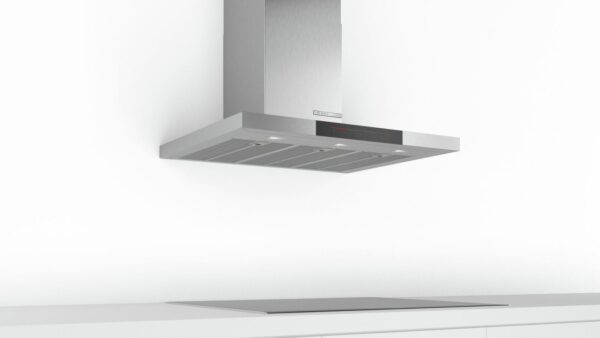 Hotă semineu dreaptă Bosch Serie 6 DWB98JQ50, Capacitate 843 m³/h (intensiv, mod evacuare), 3 viteze + 2 intensiv, TouchControl, Senzor pentru calitatea aerului, Funcţie DimmLight, 90 cm, Inox