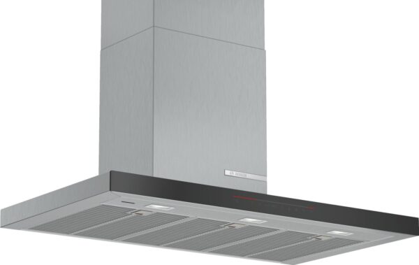 Hotă semineu dreaptă Bosch Serie 6 DWB98PR50, Capacitate 843 m³/h (intensiv), 3 viteze + 2 intensiv, TouchControl, Filtru metalic lavabil, Indicator filtru, 90 cm, Inox
