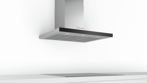 Hotă semineu dreaptă Bosch Serie 6 DWB98PR50, Capacitate 843 m³/h (intensiv), 3 viteze + 2 intensiv, TouchControl, Filtru metalic lavabil, Indicator filtru, 90 cm, Inox