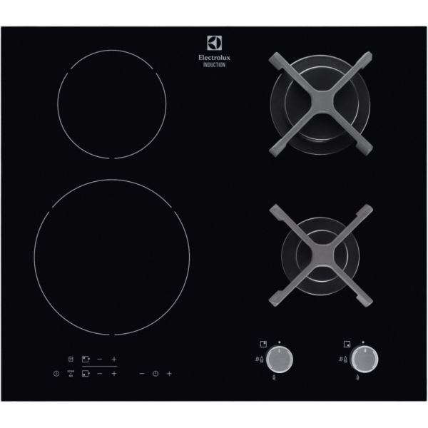 Plita incorporabila mixta Electrolux EGD6576NOK, 2 zone gaz, 2 zone inductie, Aprindere electrica, 60 cm, Sticla neagra