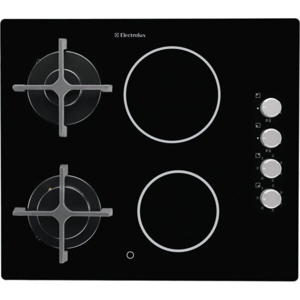 Plita incorporabila Electrolux EGE6172NOK , Mixta; 4 zone de gatit (2 zone gaz si 2 zone vitroceramice); Aprindere electrica integrata; Control cu butoane lateral; Dispozitiv siguranta;Gratare de fonta; 60 cm; Neagra