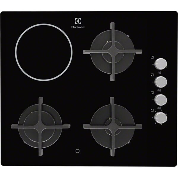 Plita incorporabila Electrolux EGE6182NOK , Mixta; 4 zone de gatit (3 zone gaz si 1 zona vitroceramica); Aprindere electrica integrata; Control cu butoane lateral; Dispozitiv siguranta;Gratare de fonta; 60 cm; Neagra