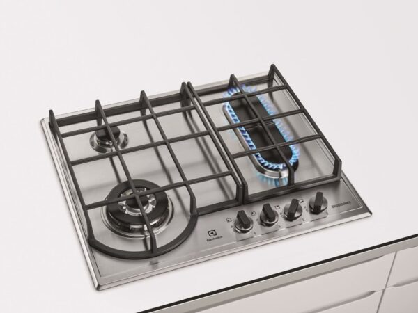 Plita incorporabila Electrolux BridgeBurner EGH6349BOX, 4 Arzatoare gaz, WOK, Aprindere electrica integrata, Gratare de fonta, 60 cm, Inox