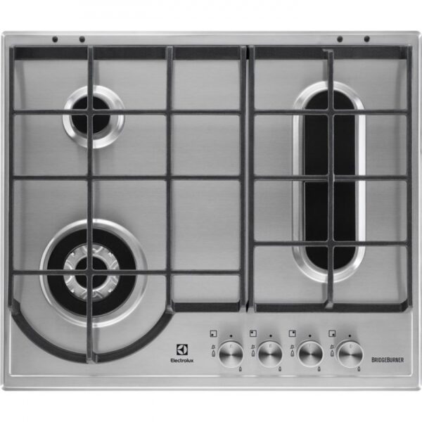 Plita incorporabila Electrolux BridgeBurner EGH6349BOX, 4 Arzatoare gaz, WOK, Aprindere electrica integrata, Gratare de fonta, 60 cm, Inox