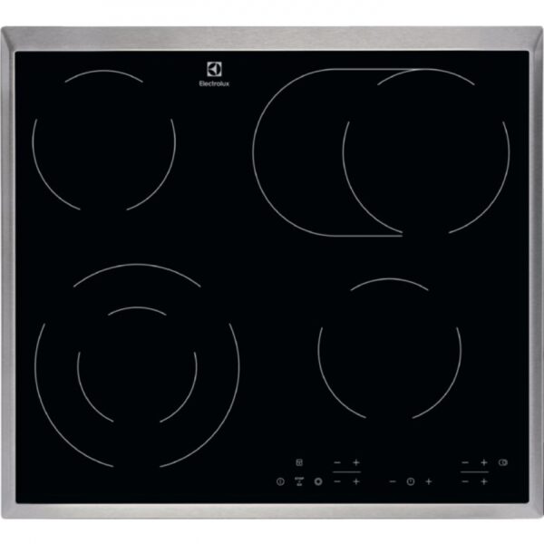 Plita incorporabila Electrolux Vitroceramic EHF6346XOK, 4 zone de gatit (1 zona dubla si 1 zona extinsa ), Control touch, 60 cm, Rama inox XL, Sticla neagra