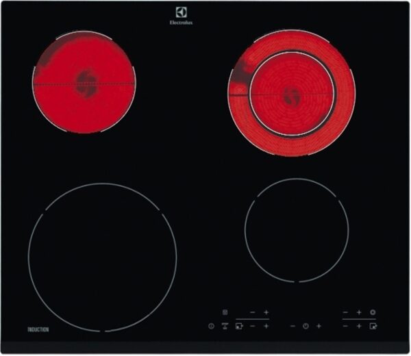 Plita incorporabila Electrolux Combi EHG46341FK, 4 zone (2 inductie 2 electrice), Circuit dublu rotund, 59 cm, Sticla neagra