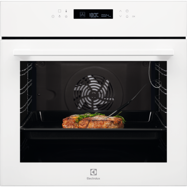 Cuptor incorporabil multifunctional Electrolux EOE7C31V, Electric, 72 L, 11 functii, SenseCook, Autocuratare catalitica, 9 programe automate, Afisaj digital, Control touch, Grill, Convectie; Clasa eficienta energetica A+, Sonda temperatura, Panel frontal de sticla, Alb