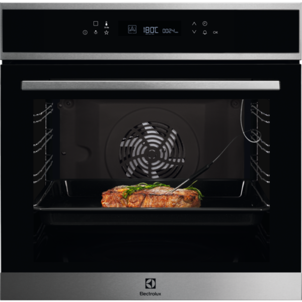 Cuptor incorporabil multifunctional Electrolux EOE7C31X, Electric, 72 L, 11 functii, SenseCook, Autocuratare catalitica, 9 programe automate, Afisaj digital, Control touch, Grill, Convectie, Clasa A+, Sonda temperatura, Panel frontal cu insertie de sticla, Negru/Inox