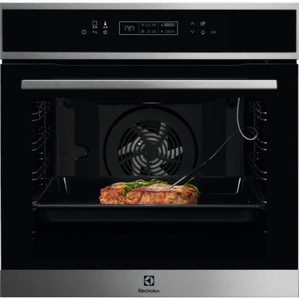 Cuptor incorporabil multifunctional Electrolux EOE8P31X, Electric, 72 L, 17 functii, Convectie, Autocuratare pirolitica, Touch control, Afisaj digital, Retete predefinite, Grill, Sonda temperatura, Clasa A+, Panel frontal cu insertie de sticla, Inox/Negru