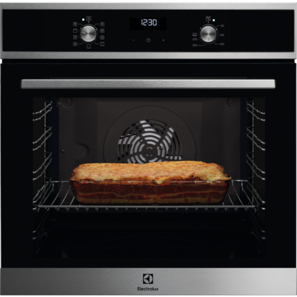 Cuptor incorporabil multifunctional Electrolux EOF5C70X, Electric, 72 L, 8 functii de gatire, SurroundCook, Autocuratare catalitica, Panel frontal cu insertie de sticla, Timer cu display electronic, Grill, Butoane retractabile, Convectie, Clasa A, Inox