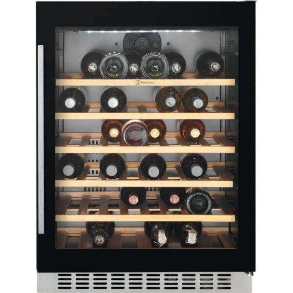 Racitor de vinuri incorporabil Electrolux ERW1573AOA, 138 litri, 46 sticle, Rafturi lemn, Control electronic, Clasa A, H 82 cm, l 59,5 cm, Culoare neagra (sticla)