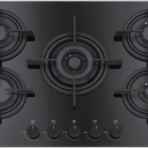 Plita incorporabila Franke Crystal Black FHCR 755 4G TC HE BK C, 5 arzatoare gaz, 75 x 51 cm, Gratare fonta, Sticla neagra