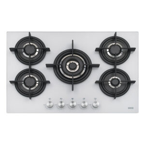 Plita incorporabila Franke Crystal White FHCR 755 4G TC HE WH C, 5 arzatoare gaz, 75 x 51 cm, Gratare fonta, Sticla alba