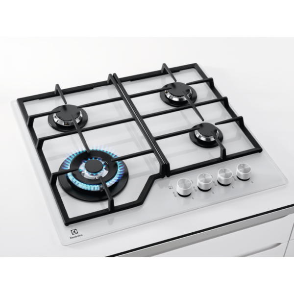 Plita incorporabila Electrolux KGG6436W, Gaz, 4 Arzatoare, WOK, Gratare fonta, 60 cm, Sticla alba