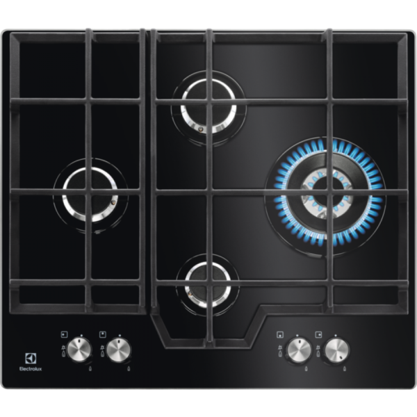 Plita incorporabila Electrolux KGG6456K, Gaz, 4 Arzatoare, WOK, Gratare fonta, 60 cm, Sticla neagra