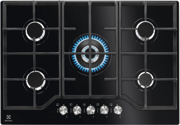 Plita incorporabila Electrolux KGG7536K, Gaz, 5 Arzatoare, WOK, Gratare fonta, 75 cm, Sticla neagra