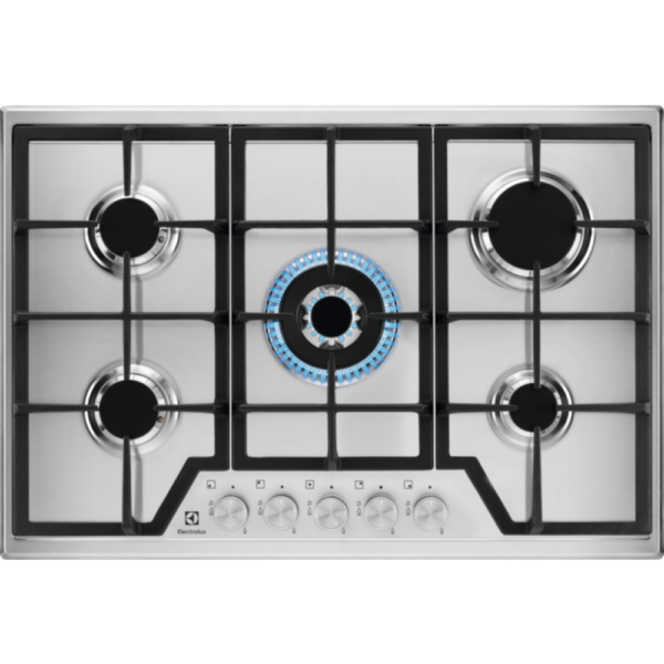 Plita incorporabila Electrolux KGS7536SX, Gaz, 5 Arzatoare, WOK, Gratare fonta, 75 cm, Inox