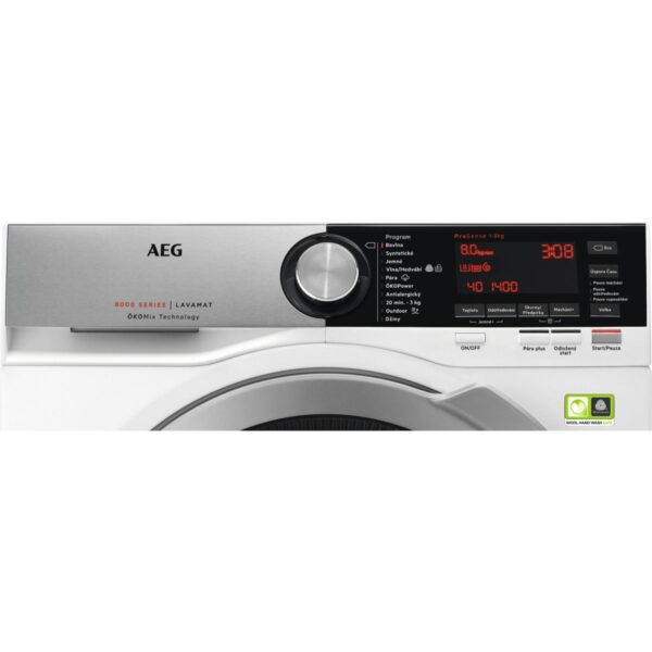 Masina de spalat rufe AEG L8FEC68S, 8 kg, 1600 RPM, A+++ -50%, OKOMix, ProSense, OKOPower, OKOInverter, Alb, Panel Argintiu/Negru