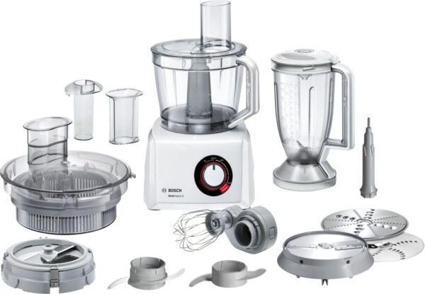 Robot de bucatarie Bosch MC812W872, 1250 W, Functie Pulse, Viteza variabila, Vas 3.9 L, Blender 1.5 L, Discuri feliere, Storcator fructe si legume, Tel, Alb