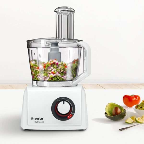 Robot de bucatarie Bosch MC812W872, 1250 W, Functie Pulse, Viteza variabila, Vas 3.9 L, Blender 1.5 L, Discuri feliere, Storcator fructe si legume, Tel, Alb