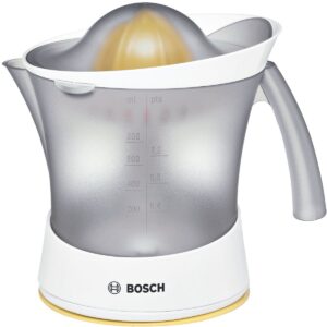 Storcător de citrice Bosch MCP3500N, 25 W, 0.8 L, Filtru ajustabil pentru pulpă, Indicator nivel suc, Rotație stanga-dreapta, Capac protecție, Alb/Gri inchis