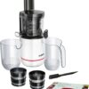 Storcator de fructe cu melc Bosch MESM500W, 150W, 55 RPM, 2 filtre (fin, gros), Alb/Negru