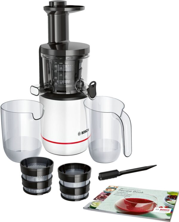 Storcator de fructe cu melc Bosch MESM500W, 150W, 55 RPM, 2 filtre (fin, gros), Alb/Negru