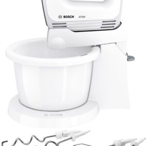 Mixer cu bol Bosch CleverMixx MFQ2600G, 375 W, 4 viteze+Turbo, Accesorii frământare, Accesorii mixare, Vas plastic, Alb/Gri inchis