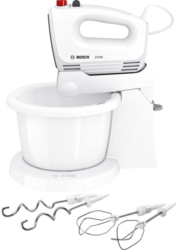 Mixer cu bol Bosch CleverMixx MFQ2600G, 375 W, 4 viteze+Turbo, Accesorii frământare, Accesorii mixare, Vas plastic, Alb/Gri inchis