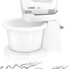 Mixer cu bol Bosch CleverMixx MFQ2600W, 375 W, 4 viteze+Turbo, Accesorii frământare, Accesorii mixare, Vas plastic, Alb/Gri inchis