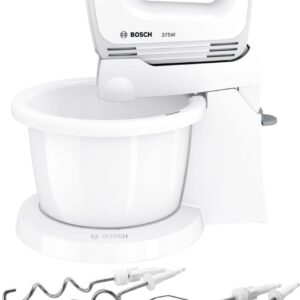 Mixer cu bol Bosch CleverMixx MFQ2600W, 375 W, 4 viteze+Turbo, Accesorii frământare, Accesorii mixare, Vas plastic, Alb/Gri inchis