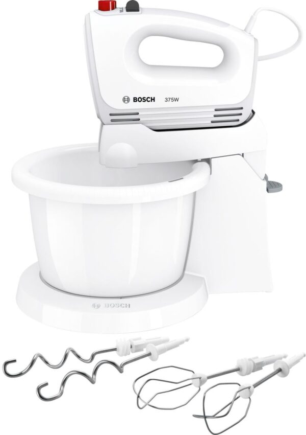 Mixer cu bol Bosch CleverMixx MFQ2600W, 375 W, 4 viteze+Turbo, Accesorii frământare, Accesorii mixare, Vas plastic, Alb/Gri inchis