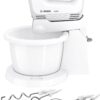 Mixer cu bol Bosch CleverMixx MFQ2600X, 400 W, 4 viteze+Turbo, Accesorii frământare, Accesorii mixare, Vas plastic, Alb/Gri inchis