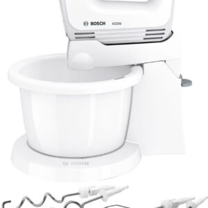 Mixer cu bol Bosch CleverMixx MFQ2600X, 400 W, 4 viteze+Turbo, Accesorii frământare, Accesorii mixare, Vas plastic, Alb/Gri inchis